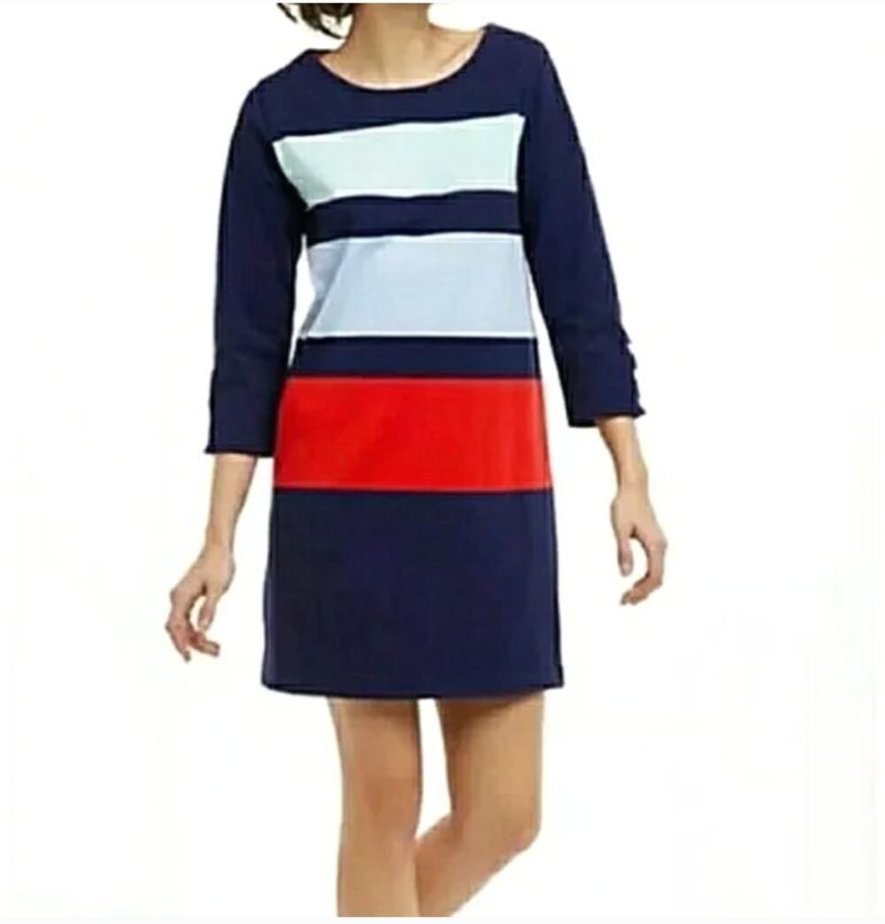ANTHROPOLOGIE Allihop Colorblock Mod Stripe Cotton Shift Dress // L
